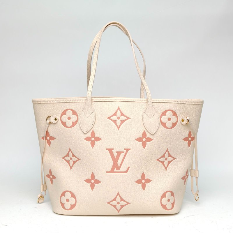 LOUIS VUITTON Neverfull中號米白色牛皮金扣晶片老花壓紋肩背包-2
