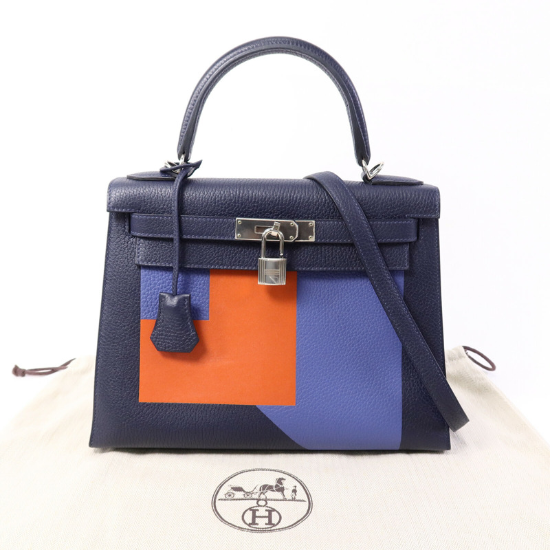 HERMES Clémence/Tadelakt皮革Kelly 28手挽肩背兩用袋Bleu Nuit/Bleu Brighton/Capucine-9