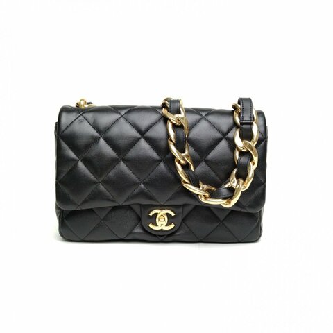 CHANEL 22P粗鏈條單肩包中號黑色羊皮晶片開金扣肩背包
