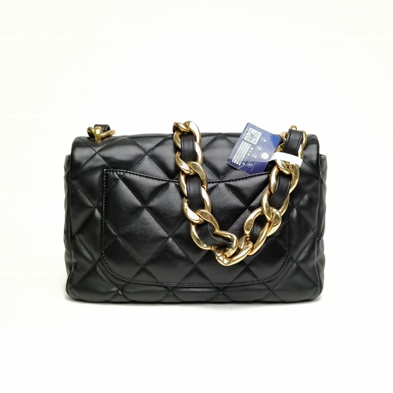 CHANEL 22P粗鏈條單肩包中號黑色羊皮晶片開金扣肩背包-2