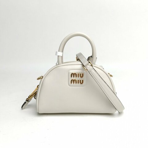 MIU MIU 白色牛皮金扣保齡球mini半月包手提斜挎包肩背包