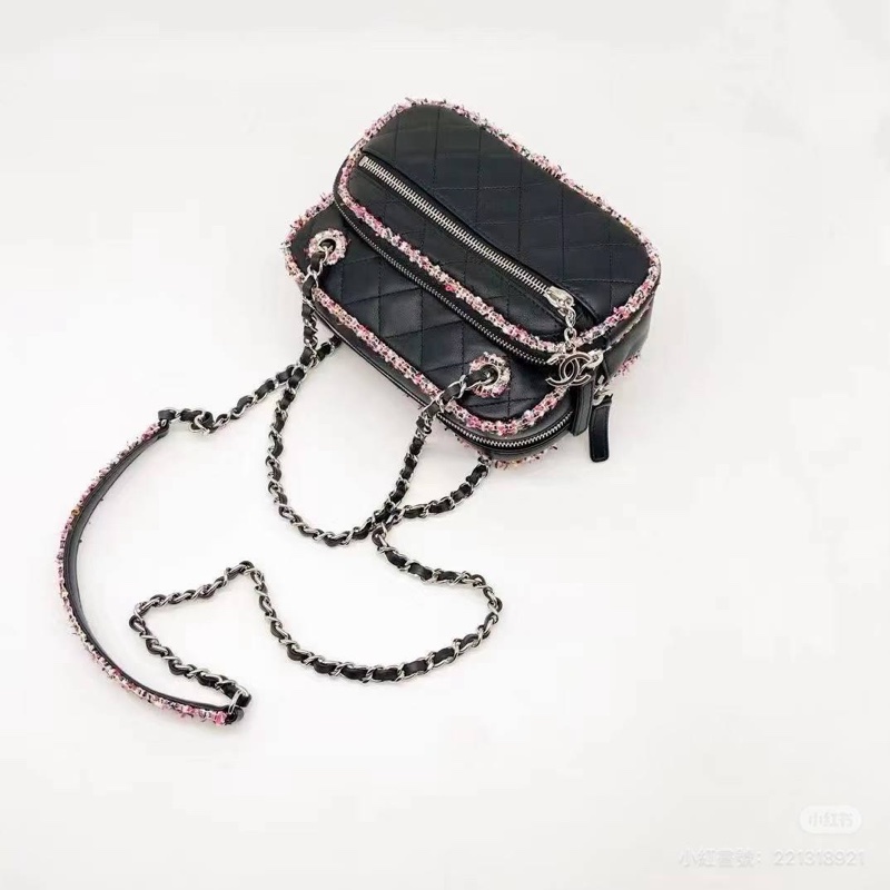 Chanel香奈兒 黑色 彩色 粗花呢 包邊 相機包 斜背包 側背包 肩背包-0