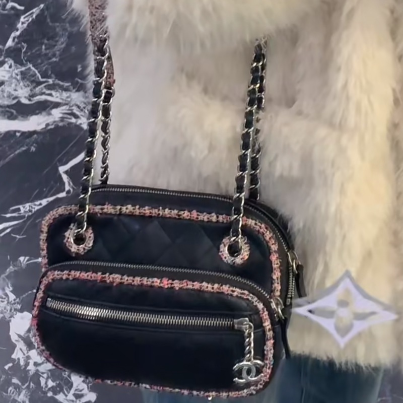 Chanel香奈兒 黑色 彩色 粗花呢 包邊 相機包 斜背包 側背包 肩背包-2