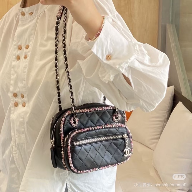 Chanel香奈兒 黑色 彩色 粗花呢 包邊 相機包 斜背包 側背包 肩背包-3