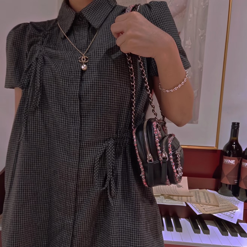 Chanel香奈兒 黑色 彩色 粗花呢 包邊 相機包 斜背包 側背包 肩背包-4