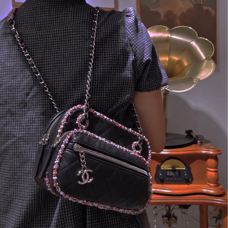 Chanel香奈兒 黑色 彩色 粗花呢 包邊 相機包 斜背包 側背包 肩背包-5