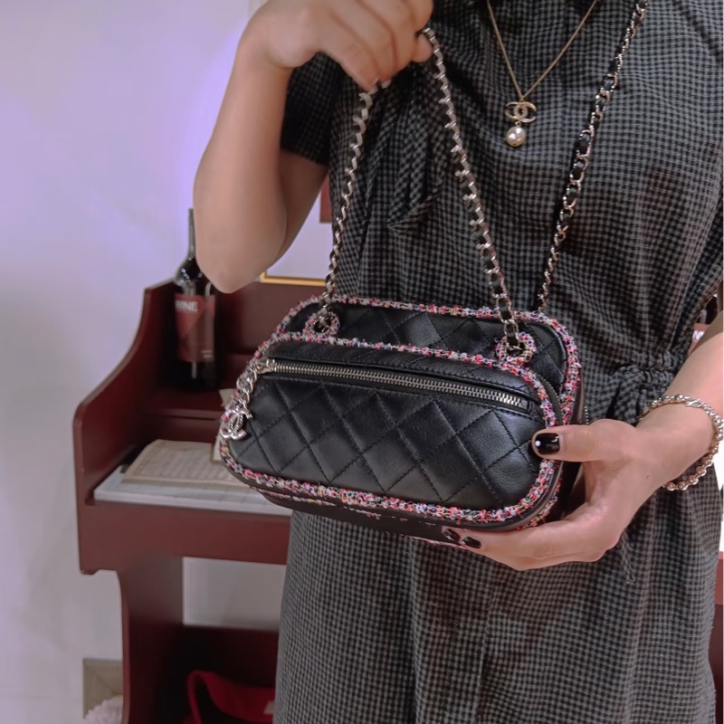 Chanel香奈兒 黑色 彩色 粗花呢 包邊 相機包 斜背包 側背包 肩背包-7
