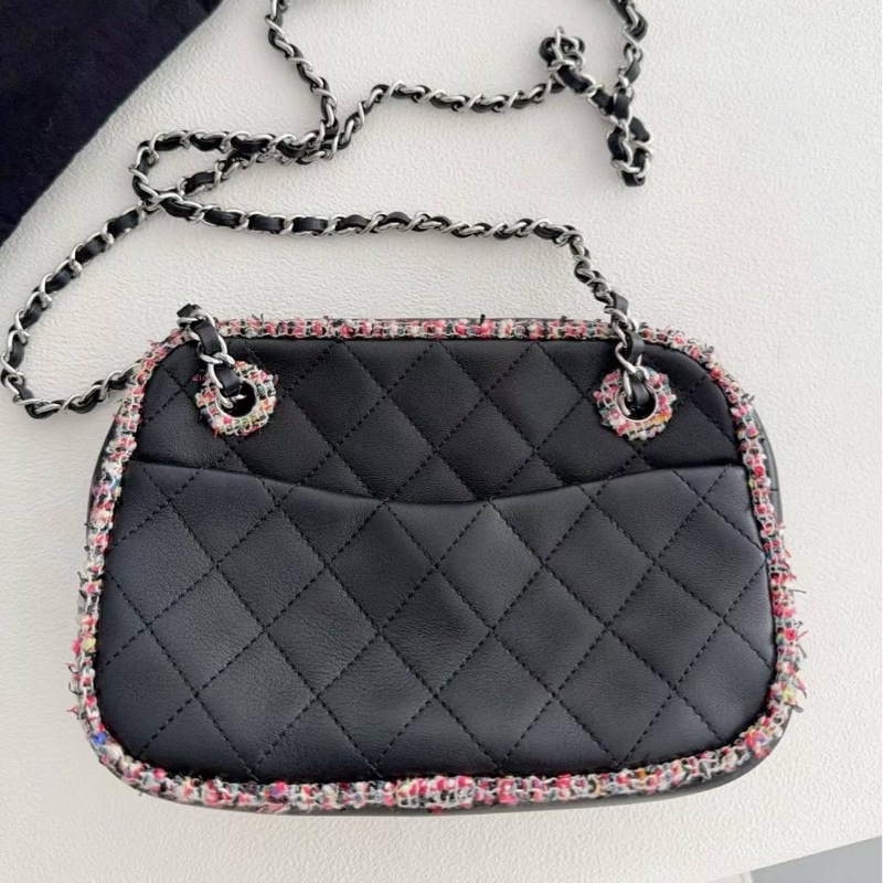 Chanel香奈兒 黑色 彩色 粗花呢 包邊 相機包 斜背包 側背包 肩背包-8