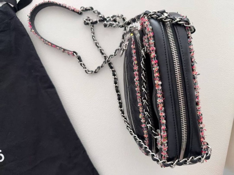 Chanel香奈兒 黑色 彩色 粗花呢 包邊 相機包 斜背包 側背包 肩背包-9