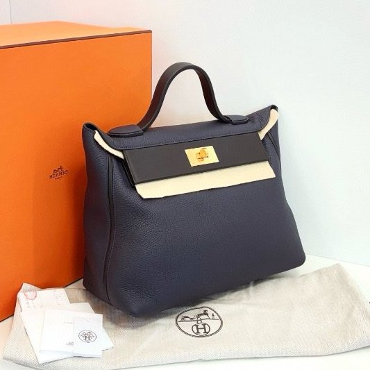 閒置新 Hermes愛馬仕 2424 午夜藍拼黑 金扣大號 手提包 Togo拼s皮-2