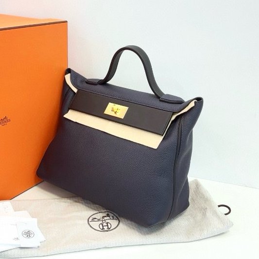 閒置新 Hermes愛馬仕 2424 午夜藍拼黑 金扣大號 手提包 Togo拼s皮-3