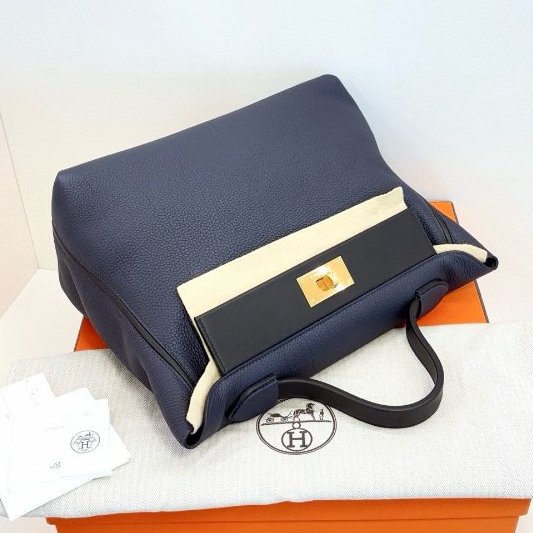 閒置新 Hermes愛馬仕 2424 午夜藍拼黑 金扣大號 手提包 Togo拼s皮-4