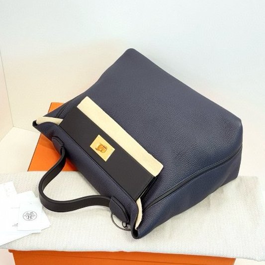 閒置新 Hermes愛馬仕 2424 午夜藍拼黑 金扣大號 手提包 Togo拼s皮-5