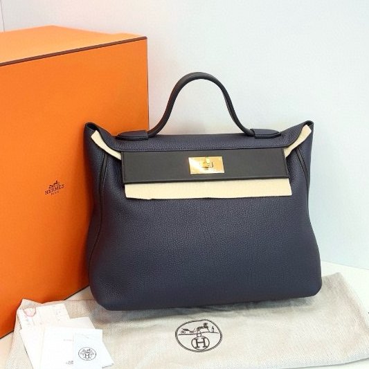 閒置新 Hermes愛馬仕 2424 午夜藍拼黑 金扣大號 手提包 Togo拼s皮-7