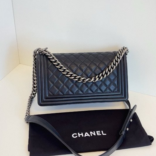 香奈兒/Chanel 黑銀牛皮leboy 中號鏈條包-1