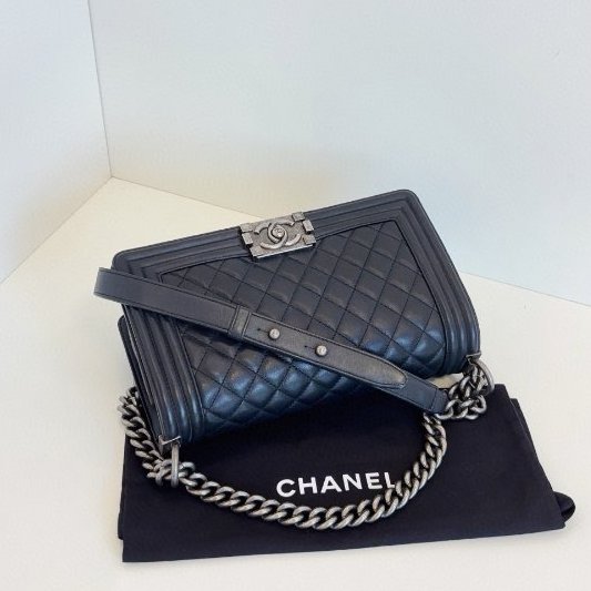 香奈兒/Chanel 黑銀牛皮leboy 中號鏈條包-4