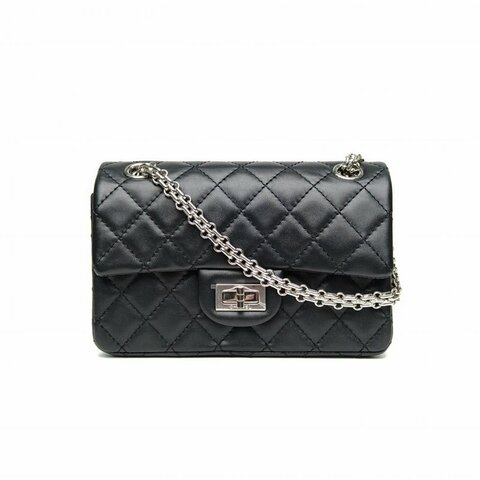 CHANEL 2.55口蓋包迷你黑色羊皮晶片銀扣肩背包