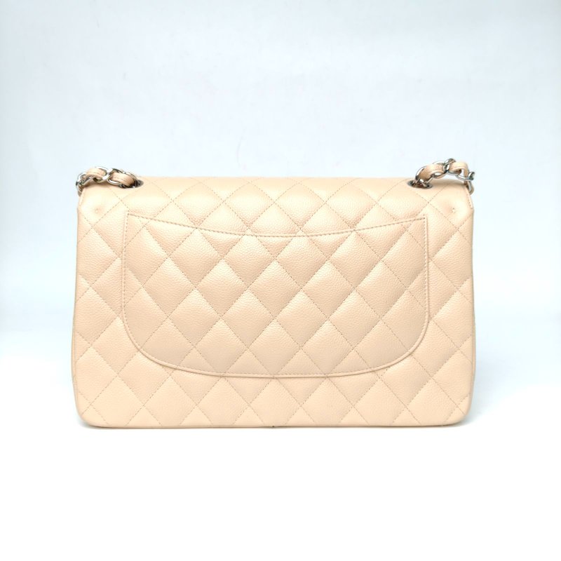 CHANEL CF口蓋包JUMBO奶茶色荔枝牛皮20開銀扣肩背包-2