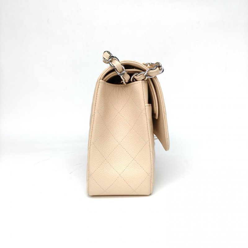 CHANEL CF口蓋包JUMBO奶茶色荔枝牛皮20開銀扣肩背包-3