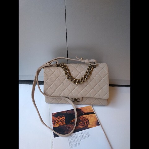 Chanel 粗古銅鍊帶淺駝牛皮菱格3層口蓋包