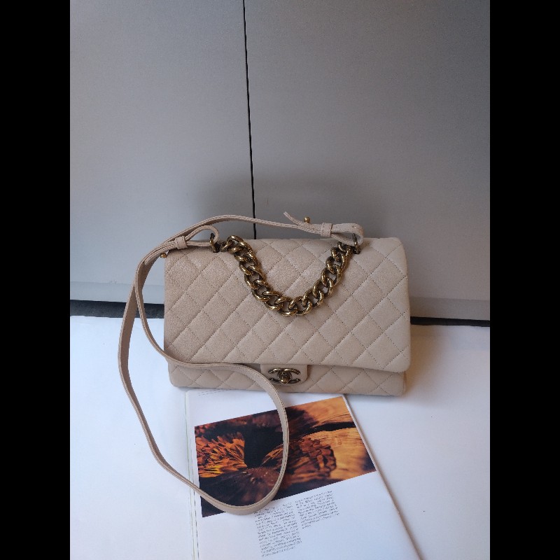 Chanel 粗古銅鍊帶淺駝牛皮菱格3層口蓋包-0