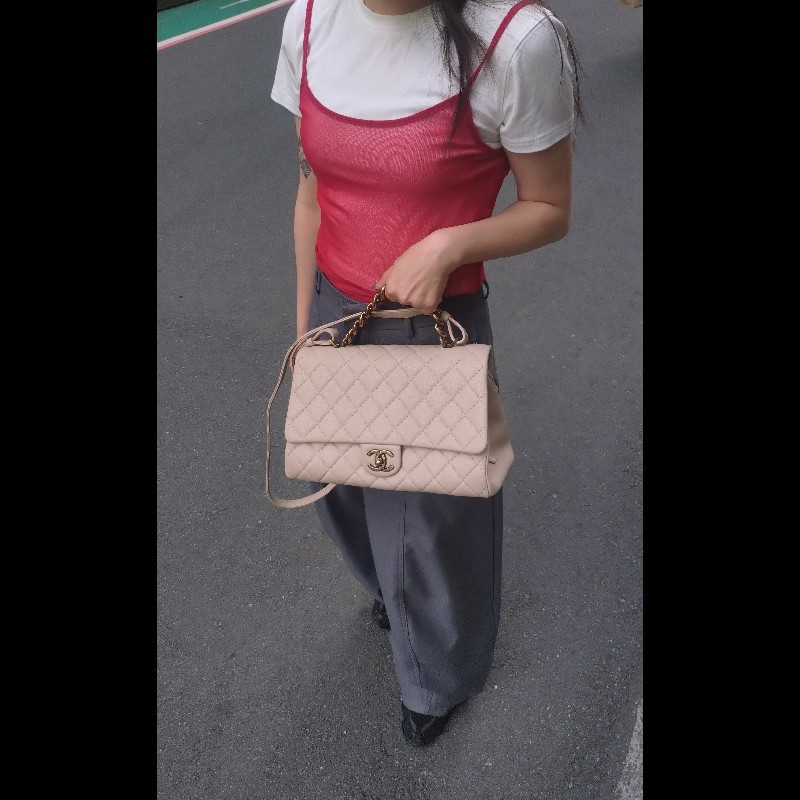 Chanel 粗古銅鍊帶淺駝牛皮菱格3層口蓋包-1