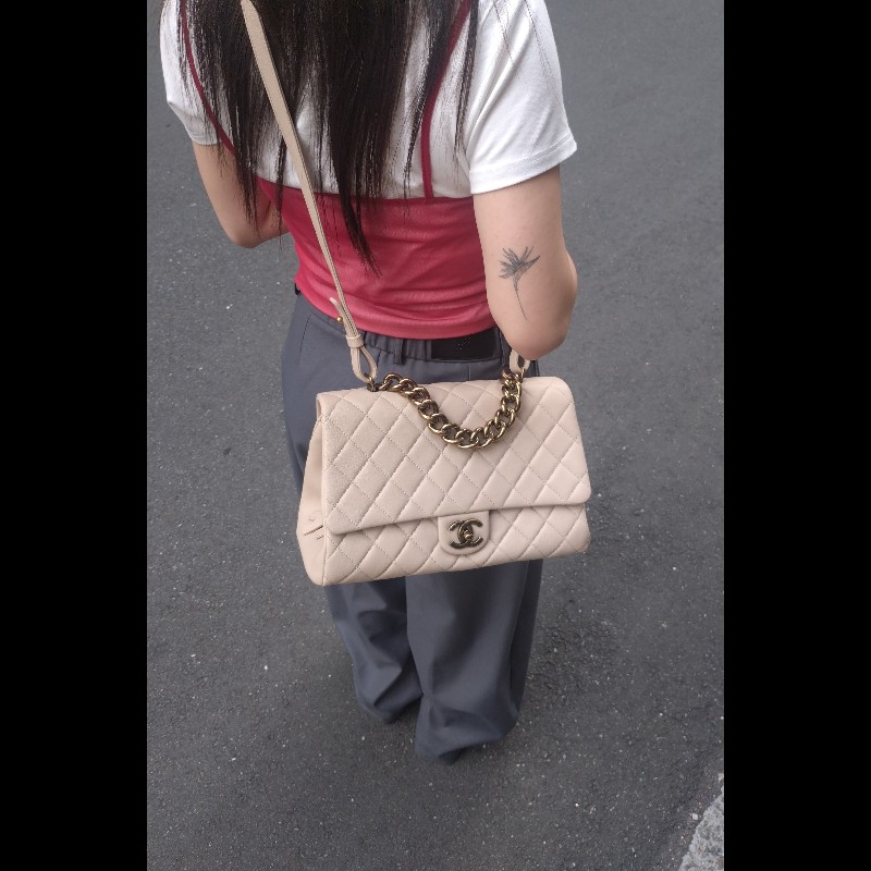 Chanel 粗古銅鍊帶淺駝牛皮菱格3層口蓋包-2