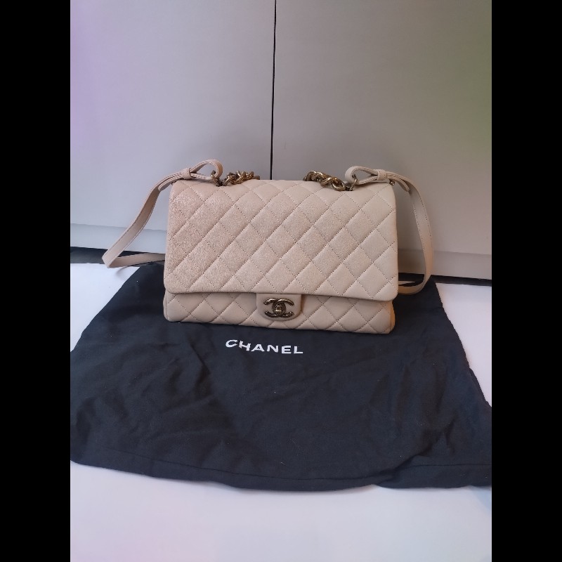 Chanel 粗古銅鍊帶淺駝牛皮菱格3層口蓋包-3