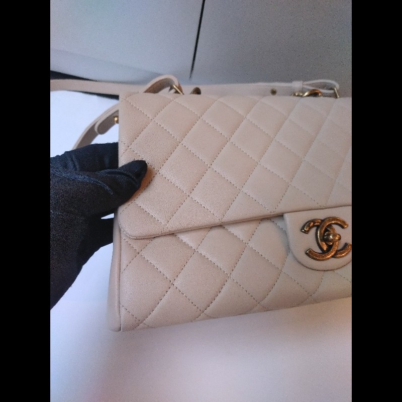 Chanel 粗古銅鍊帶淺駝牛皮菱格3層口蓋包-7