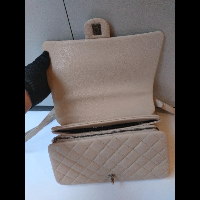 Chanel 粗古銅鍊帶淺駝牛皮菱格3層口蓋包-17