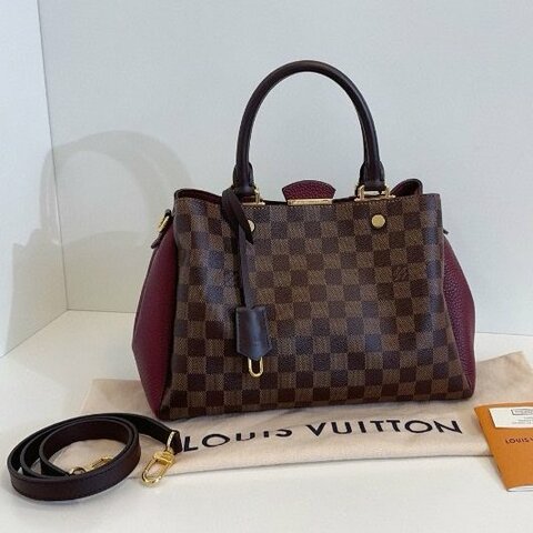 閒置新 路易威登/Louis Vuitton Brittany BB 棕色棋盤格拼全皮暗紅色金扣 手提包 芯片款