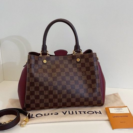 閒置新 路易威登/Louis Vuitton Brittany BB 棕色棋盤格拼全皮暗紅色金扣 手提包 芯片款-1