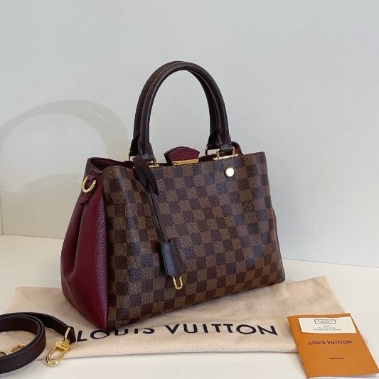 閒置新 路易威登/Louis Vuitton Brittany BB 棕色棋盤格拼全皮暗紅色金扣 手提包 芯片款-2