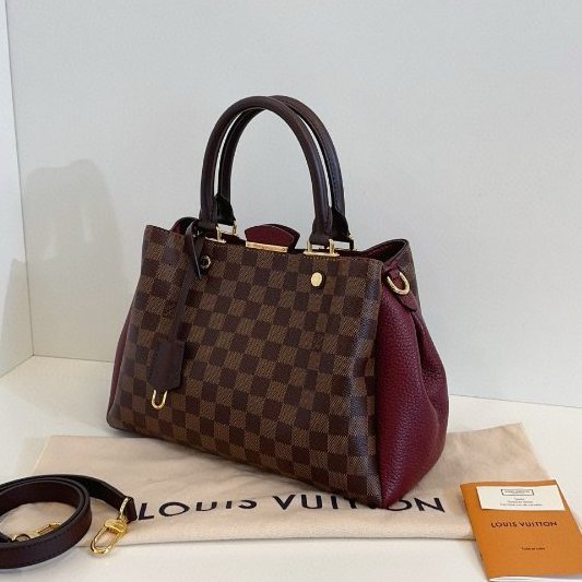 閒置新 路易威登/Louis Vuitton Brittany BB 棕色棋盤格拼全皮暗紅色金扣 手提包 芯片款-3