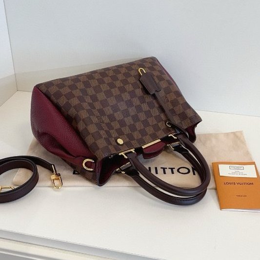 閒置新 路易威登/Louis Vuitton Brittany BB 棕色棋盤格拼全皮暗紅色金扣 手提包 芯片款-4