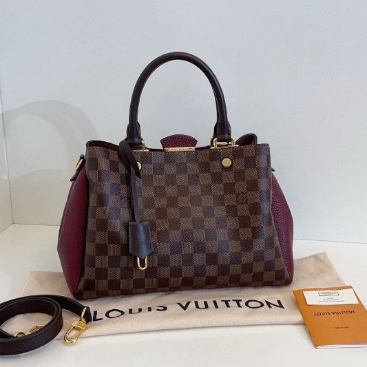 閒置新 路易威登/Louis Vuitton Brittany BB 棕色棋盤格拼全皮暗紅色金扣 手提包 芯片款-6
