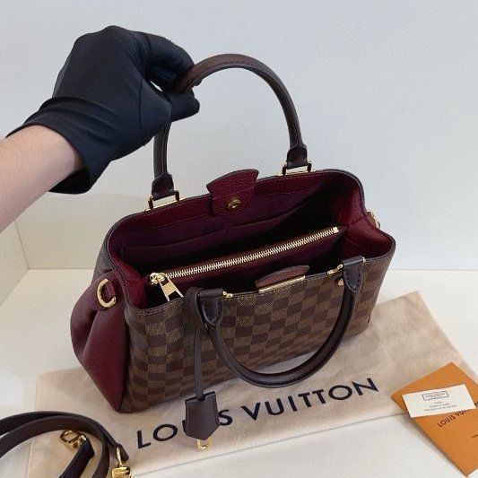 閒置新 路易威登/Louis Vuitton Brittany BB 棕色棋盤格拼全皮暗紅色金扣 手提包 芯片款-10