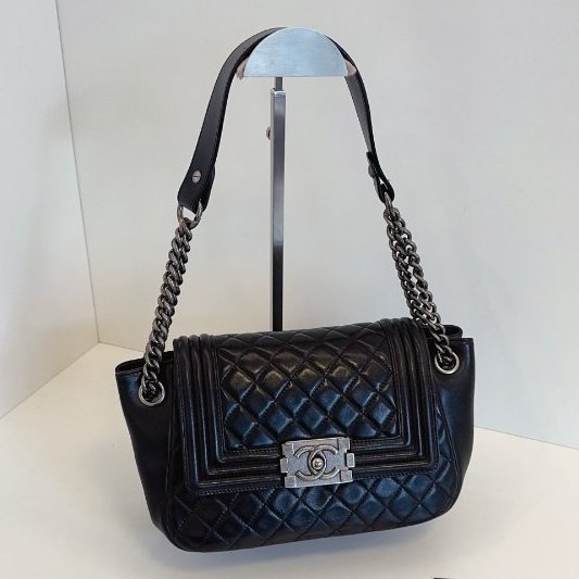 香奈兒/Chanel Leboy Tote 黑銀肩背包-5