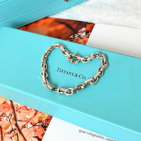 Tiffany & Co. 「1837 MArker」純銀寬版鏈手鍊 附 18K 金點綴