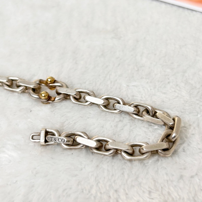 Tiffany & Co. 「1837 MArker」純銀寬版鏈手鍊 附 18K 金點綴-7