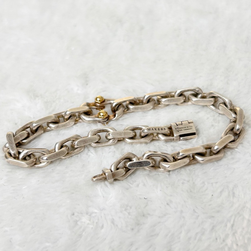 Tiffany & Co. 「1837 MArker」純銀寬版鏈手鍊 附 18K 金點綴-11