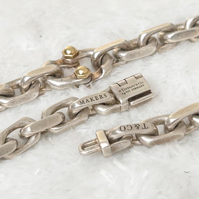Tiffany & Co. 「1837 MArker」純銀寬版鏈手鍊 附 18K 金點綴-12