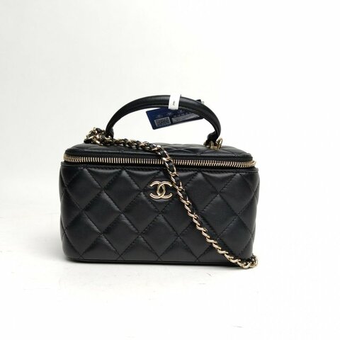 CHANEL 黑色羊皮31開金扣21A長盒子化妝包皮手柄肩背包