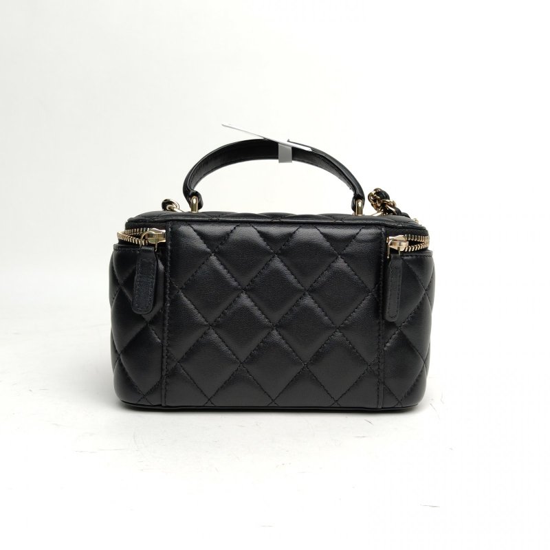 CHANEL 黑色羊皮31開金扣21A長盒子化妝包皮手柄肩背包-2