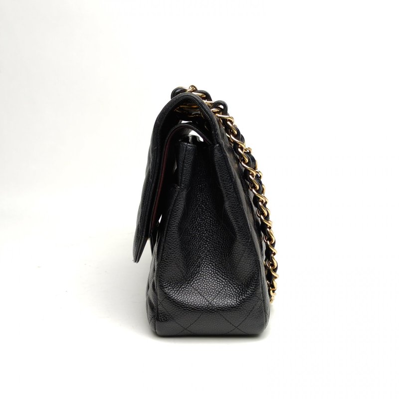 CHANEL CF口蓋包JUMBO黑色荔枝牛皮16開菱格紋肩背包-1