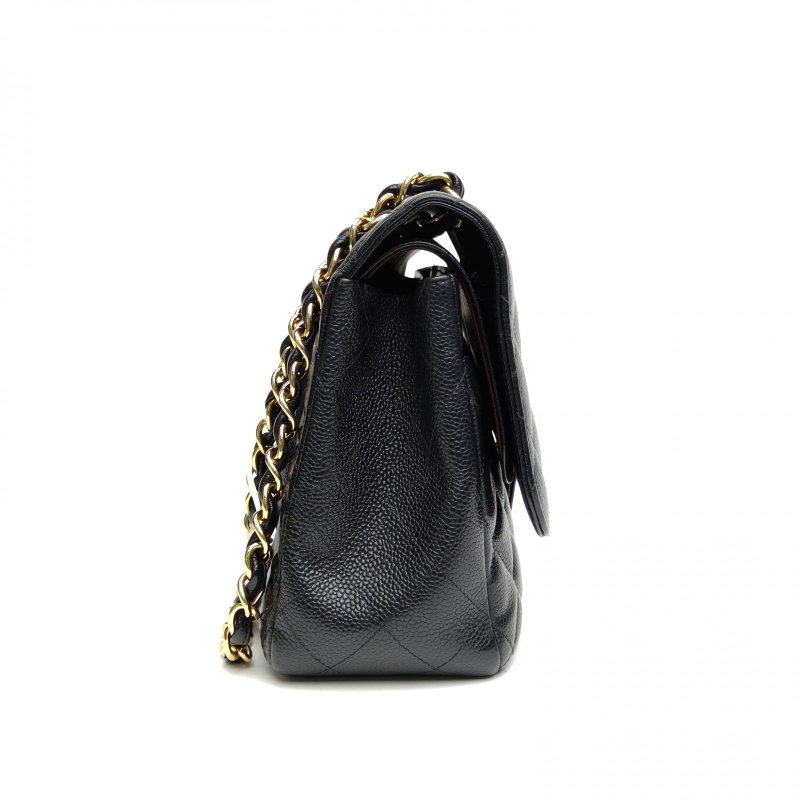 CHANEL CF口蓋包JUMBO黑色荔枝牛皮16開菱格紋肩背包-3