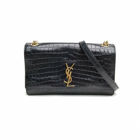 SAINT LAURENT 黑色牛皮金扣KATE鱷魚壓紋雙層風琴包肩背包