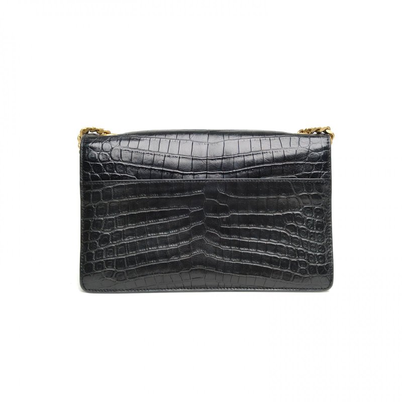 SAINT LAURENT 黑色牛皮金扣KATE鱷魚壓紋雙層風琴包肩背包-2