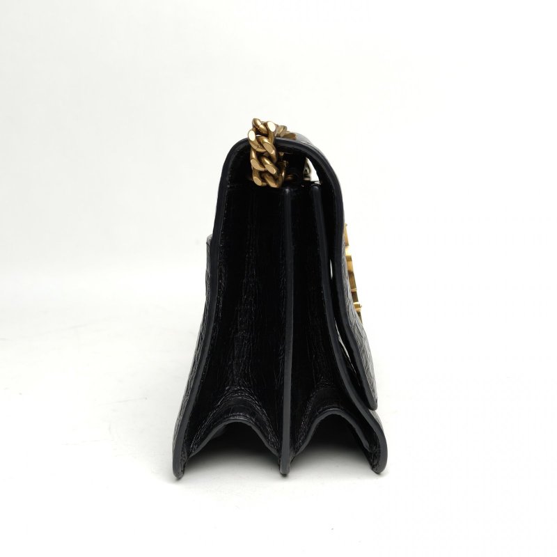 SAINT LAURENT 黑色牛皮金扣KATE鱷魚壓紋雙層風琴包肩背包-3