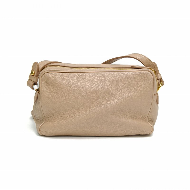 PRADA 奶茶色牛皮金扣拉鏈雙層相機包肩背包-2